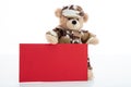 Cute teddy bear in soldier uniform and a blank red color card isolated against white background Royalty Free Stock Photo