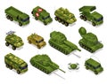 Army military transport Combat Vehicles rocket launcher collection with tanks vehicles set isometric icons on isolated background Royalty Free Stock Photo