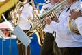 Army musicians of military orchestra playing brass instruments