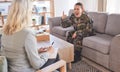 Army, psychology and angry with soldier in therapy shouting for military, war or veteran counseling. Ptsd, support and Royalty Free Stock Photo