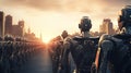 army of robots is approaching a big city. invasion of military robots. Dramatic apocalypse super realistic concept