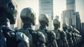 army of robots is approaching a big city. invasion of military robots. Dramatic apocalypse super realistic concept