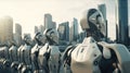 army of robots is approaching a big city. invasion of military robots. Dramatic apocalypse super realistic concept