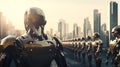 army of robots is approaching a big city. invasion of military robots. Dramatic apocalypse super realistic concept