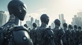 army of robots is approaching a big city. invasion of military robots. Dramatic apocalypse super realistic concept