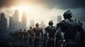 army of robots is approaching a big city. invasion of military robots. Dramatic apocalypse super realistic concept