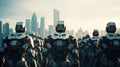 army of robots is approaching a big city. invasion of military robots. Dramatic apocalypse super realistic concept