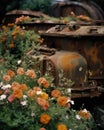 An army of rusty tanks once powerful and dangerous now engulfed by delicate blooms Abandoned landscape. AI generation