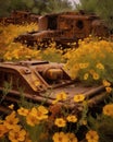 An army of rusty tanks once powerful and dangerous now engulfed by delicate blooms Abandoned landscape. AI generation