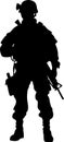 Army soldier Black silhouette vector, Silhouette of a military with weapons, American soldier silhouette clipart. AI