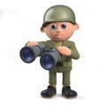 Army soldier cartoon character in 3d holding a pair of binoculars
