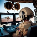 army and soldier in glasses of virtual reality. Drone operator and the future of the warfare concept made with