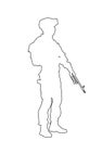 Army soldier with sniper rifle on duty vector line contour silhouette.
