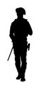 Army soldier with sniper rifle on duty vector silhouette. Memorial Veterans day, 4th July Independence day. Soldier keeps watch. Royalty Free Stock Photo