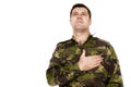 Army soldier swear solemnly with hand on heart