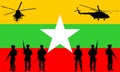 Army soldiers unit with rifles on duty over Myanmar flag vector illustration. War crisis after military coup. Royalty Free Stock Photo