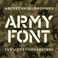 Army stencil alphabet font. Messy type letters and numbers on green camo background. Royalty Free Stock Photo