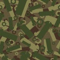 Army texture of nuts and bolts. Soldier green camouflage ornament. mechanic Khaki background. Military seamless pattern
