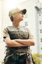 Army, thinking and arms crossed with a woman soldier in uniform for safety, service or patriotism Military, idea and a