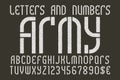 Army white on black letters and numbers with currency. Gaming stylized military font