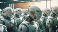 army of white robots, in a factory