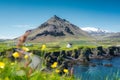 Arnarstapi fishing village with nordic house and stapafell volcano mountain by basalt rocks formation in Snaefellsnes peninsula at