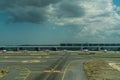 Aerial view of main terminal building, apron and taxiways at new Istanbul Airport with Turkish airlines Royalty Free Stock Photo