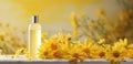 Arnica lotion. Cosmetic cream lotion oil with natural fresh Arnica flowers. Copyspace. Photo texture. Ai generated
