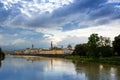 The Arno river and the cloudy Florence. View of the Cathedral of Santa Maria del Fiore, the Basilica of Santa Croce.