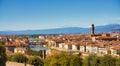 Arno river and Ponte Vecchio panorama of Florence. Florence panorama city skyline, Florence, Italy. Panorama Sunset at Duomo View Royalty Free Stock Photo