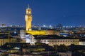 Night view of the Arnolfo Tower of Palazzo Vecchio on Signoria square. Italian renaissance