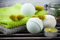 Aroma bath bombs, green towels