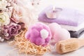 Aroma bath bombs with pink purple bouquet Royalty Free Stock Photo