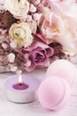 Aroma bath bombs with pink purple bouquet Royalty Free Stock Photo