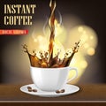 Aroma black Arabica coffee cup and beans ads design. 3d illustration of hot coffee mug Product on blurred background Royalty Free Stock Photo