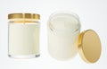 Aroma candle in clear glass jar with cotton wick and yellow gold lid 3D render different angles, branding and design