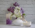 Aroma candle flower lilac stylish relax burning romance flame in the apartment spring decoration