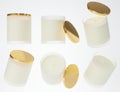 Aroma candle in frosted glass jar with cotton wick and yellow gold lid 3D render different angles, branding and design