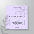 Aroma candle vector label template. Vanilla spice scent from local purveyors advert design. Ink style sketch flower