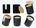 Aroma candle with wooden wick in black ceramic jar with cork lid 3D render, branding and design ready commercial mockup