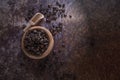 Aroma of Coffee beans on wooden table