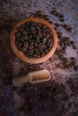 Aroma of Coffee beans on wooden table