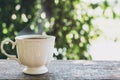 aroma coffee of cup with smoke on wooden table in the morning Copy Space for your text Royalty Free Stock Photo