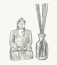 Aroma diffuser with sticks sketch. Aromatherapy vintage vector illustration