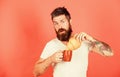 Aroma of fresh baked croissant. But first coffee. Bearded hipster enjoy breakfast drink coffee. Man start morning with Royalty Free Stock Photo