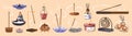 Aroma incense set. Different burning sticks with holders and aromatic smoke. Candles with fragrances, perfume diffusers. Items for Royalty Free Stock Photo