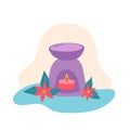 Aroma lamp with small burning candle inside and flowers around on wavy background. Vector aromatherapy simple flat style