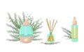 Vector illustration of a humidifier diffuser, a fragrance with wooden sticks, and an aromatic oil