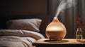 Aroma oil diffuser on table against in minimalist bedr. Generative AI