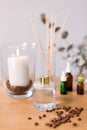 Aroma reed diffuser, candle and essential oil Royalty Free Stock Photo